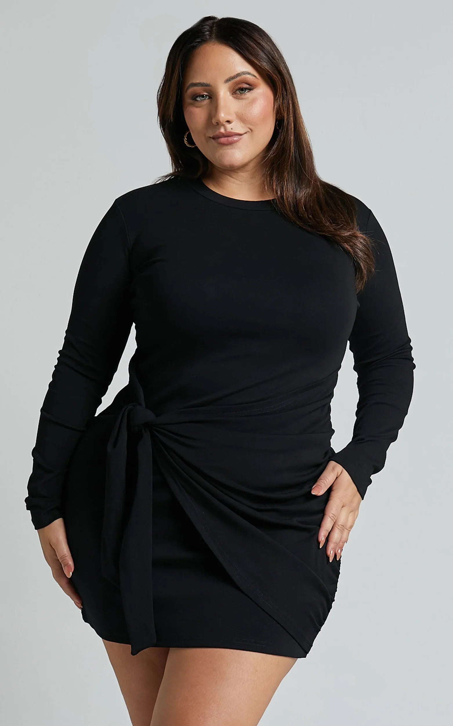 Marleen Mini Dress Wrap Front Long Sleeve Bodycon Dress in Black