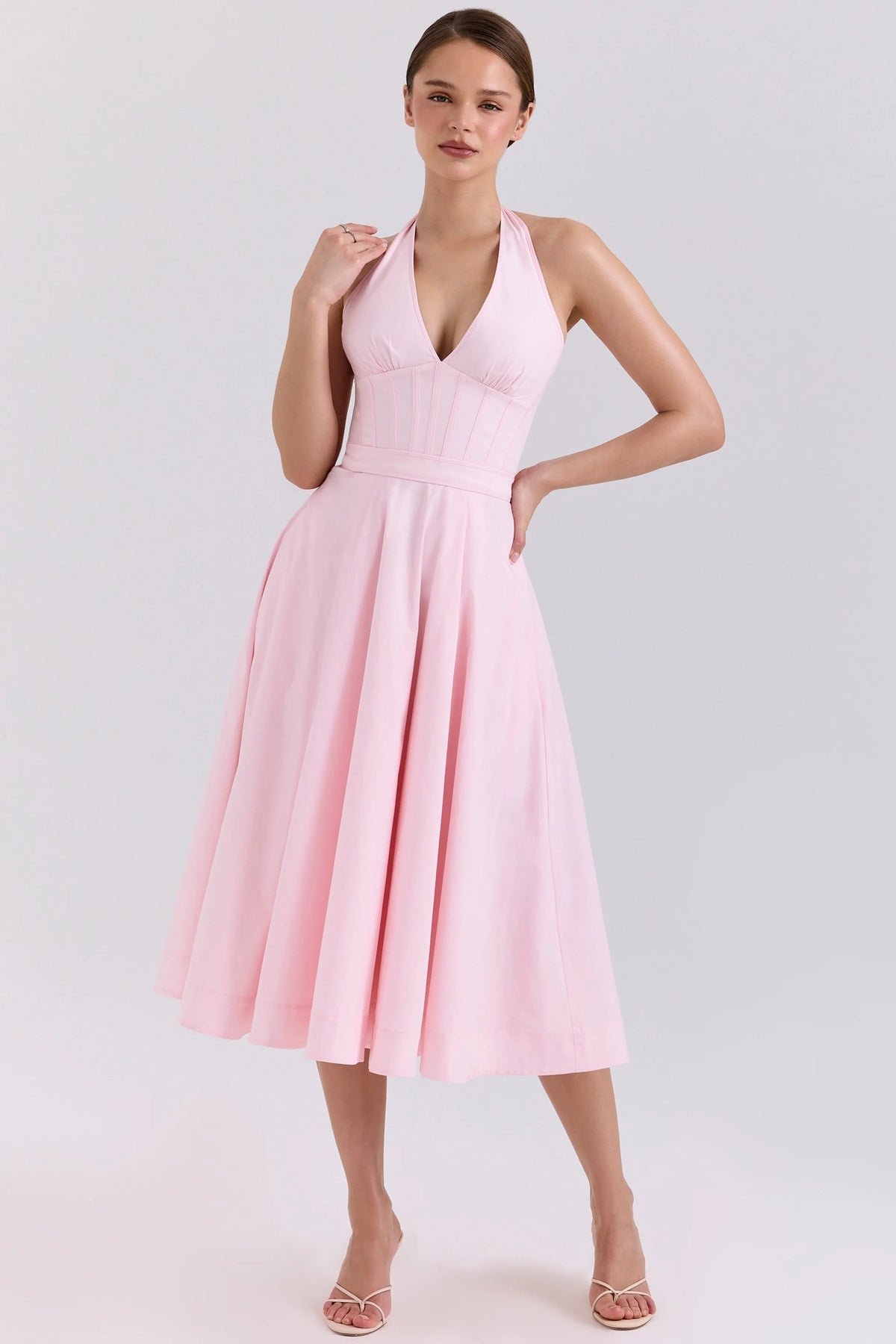 pink stretch cotton halter midi sundress