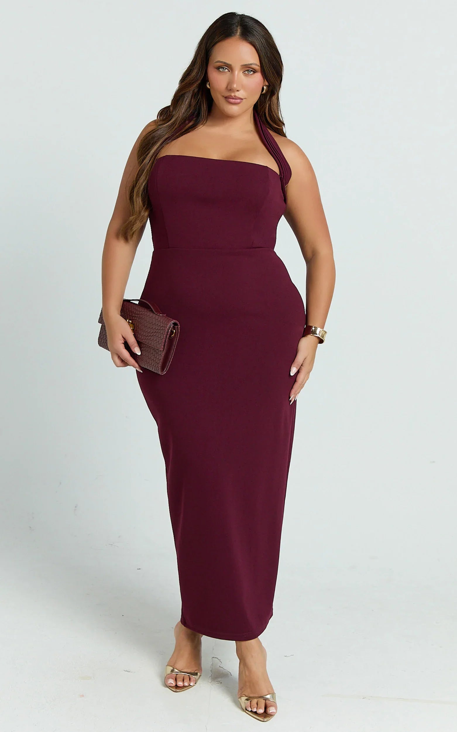 Salome Midi Dress Halter Neck Column Dress in Wine