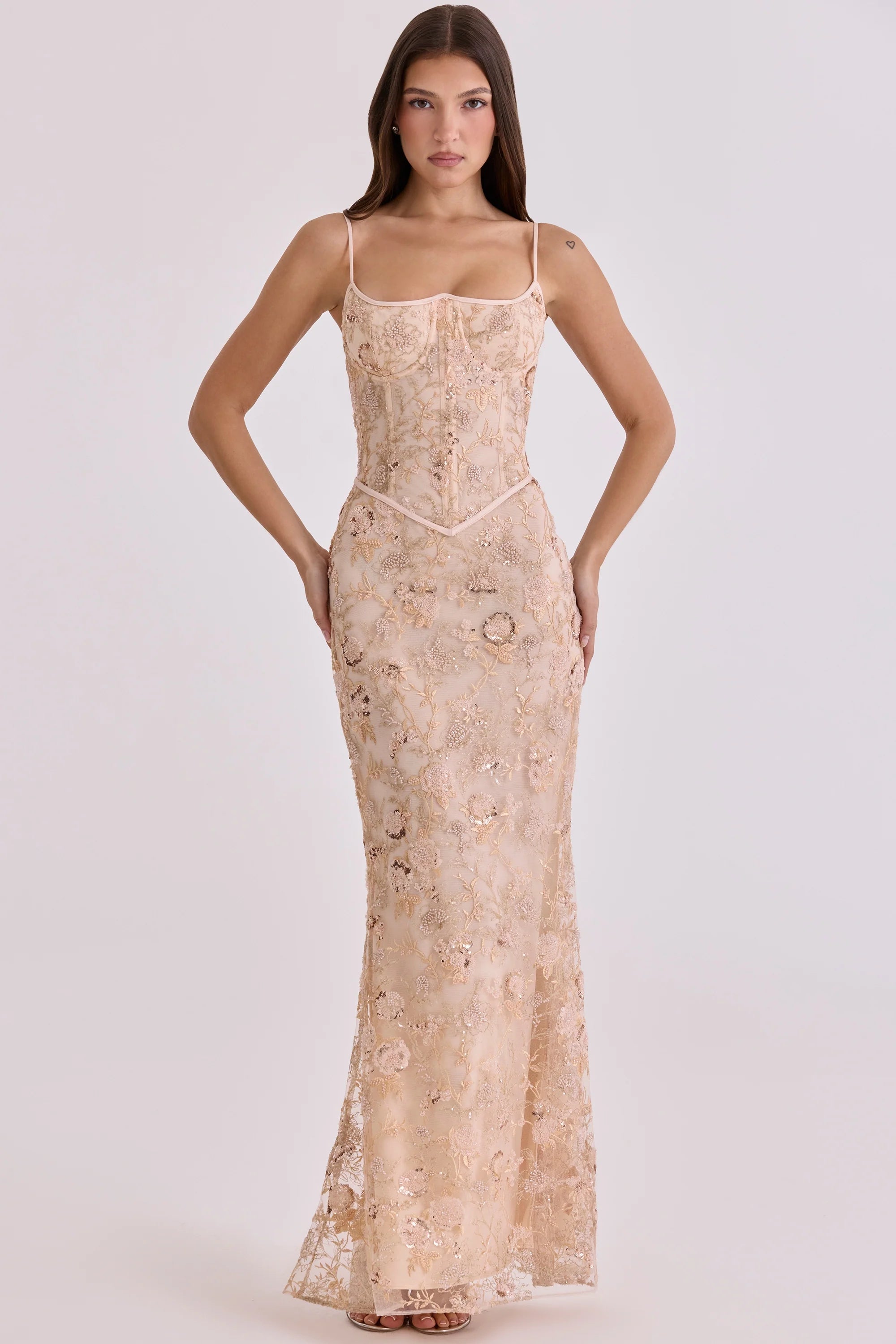 peach hand beaded embellished corset maxi dress limited edition