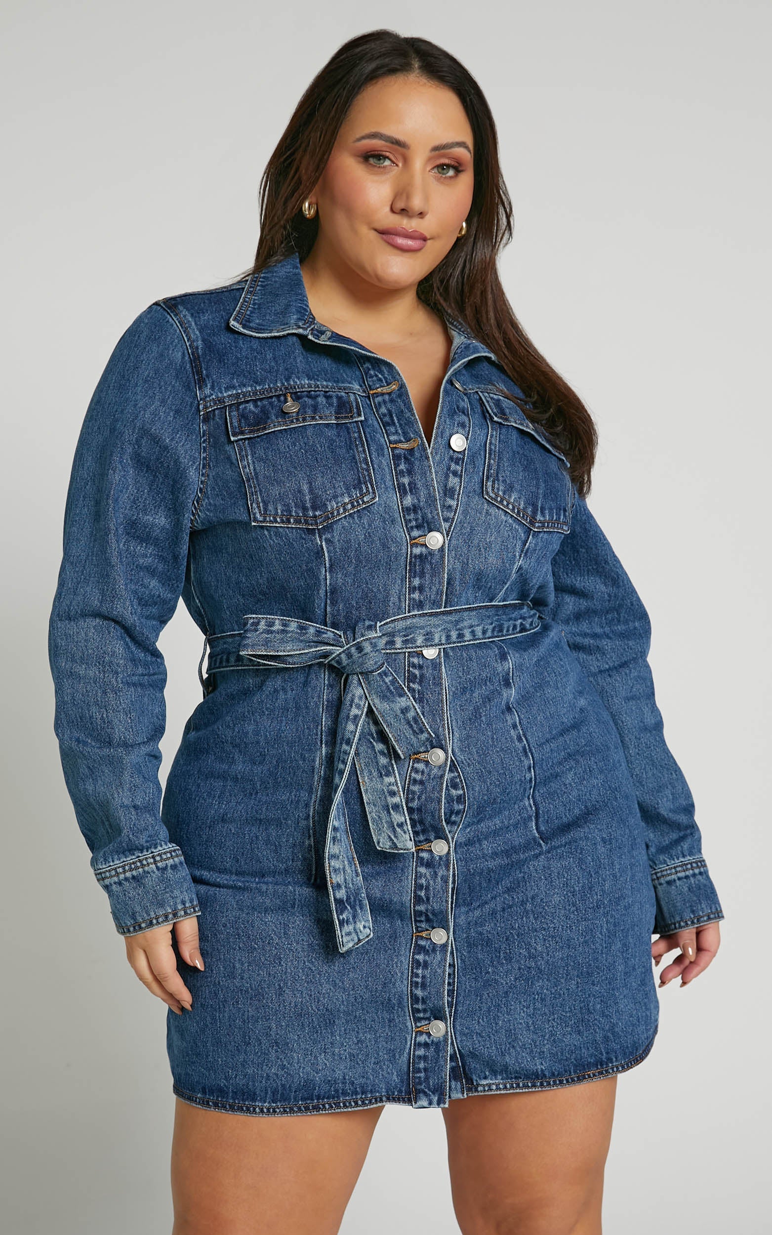 Enriquetta Mini Dress Cotton Denim Long Sleeve Button Up Dress in Blue