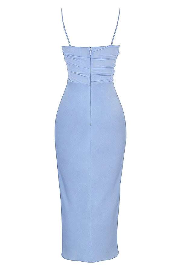 sky draped corset midi dress