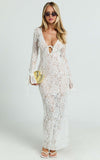 Paula Maxi Dress Lace V Neck Long Sleeve Column Dress in White