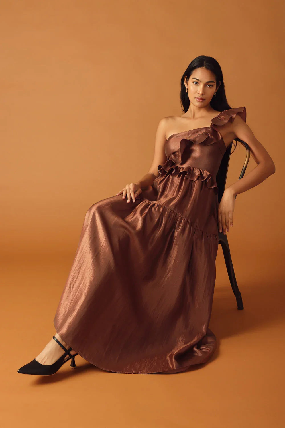 FIND THE ANSWER BROWN SATIN ONE SHOULDER MAXI DRESS