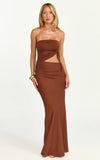 Fergie Maxi Dress Strapless Side Ruched Cut Out Fitted Dress in chestnut brown