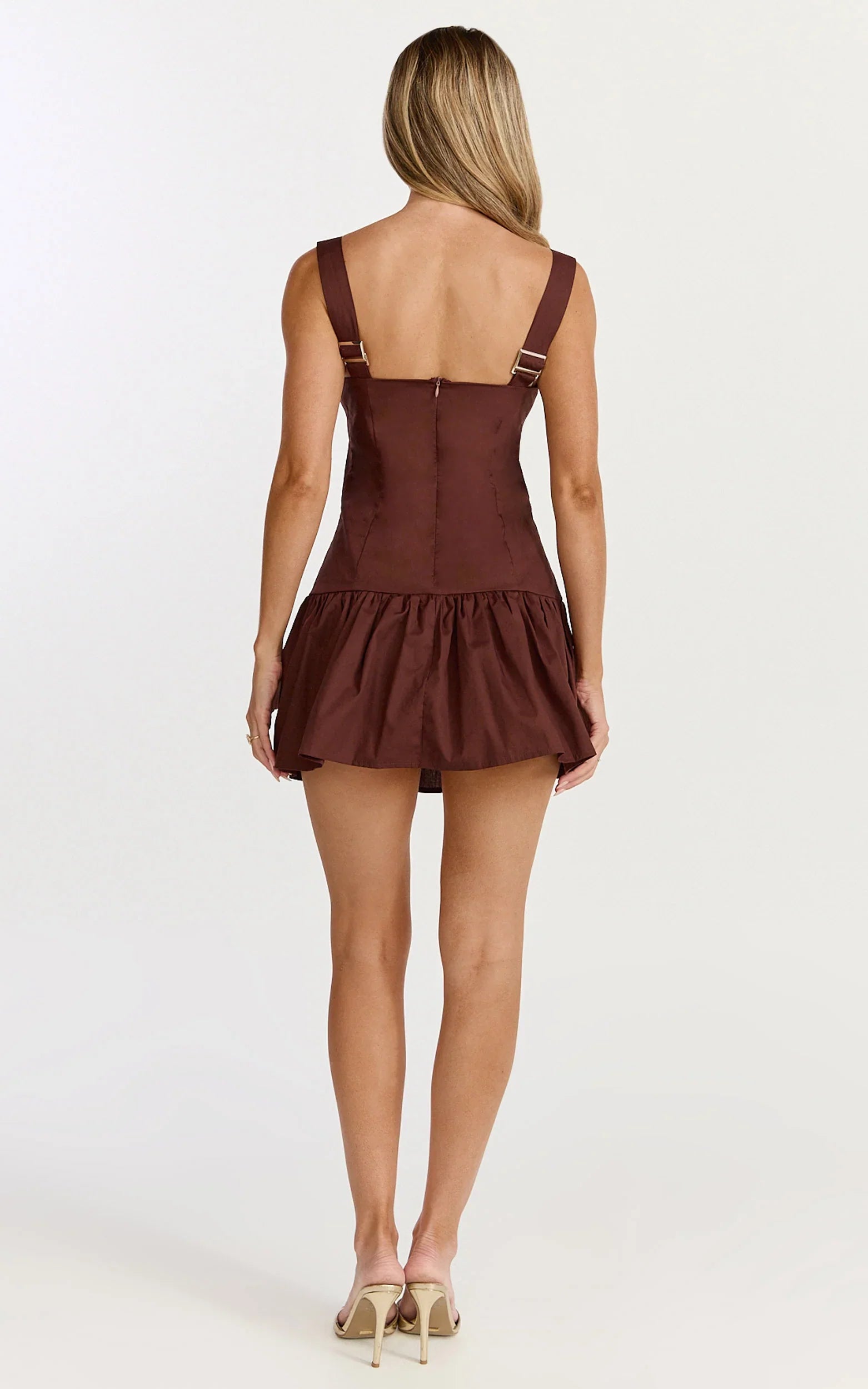 Nyx Mini Dress Balconette Bodice Drop Waist Dress in Chocolate
