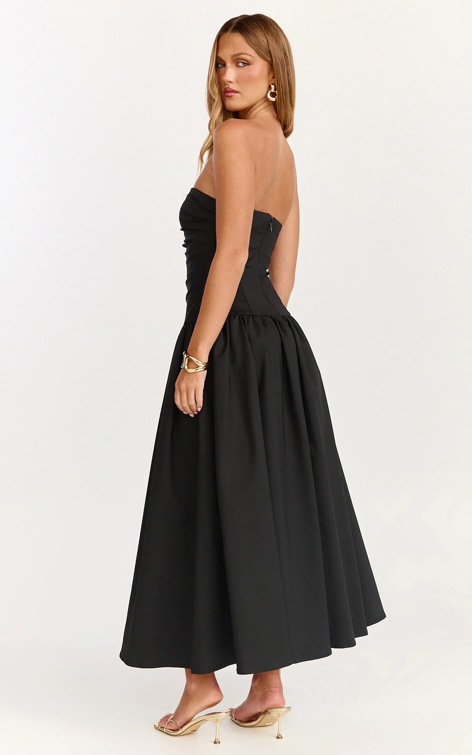 Louisa Maxi Dress Strapless Side Ruched Dropped Waist Fit And Flare Dress in Black