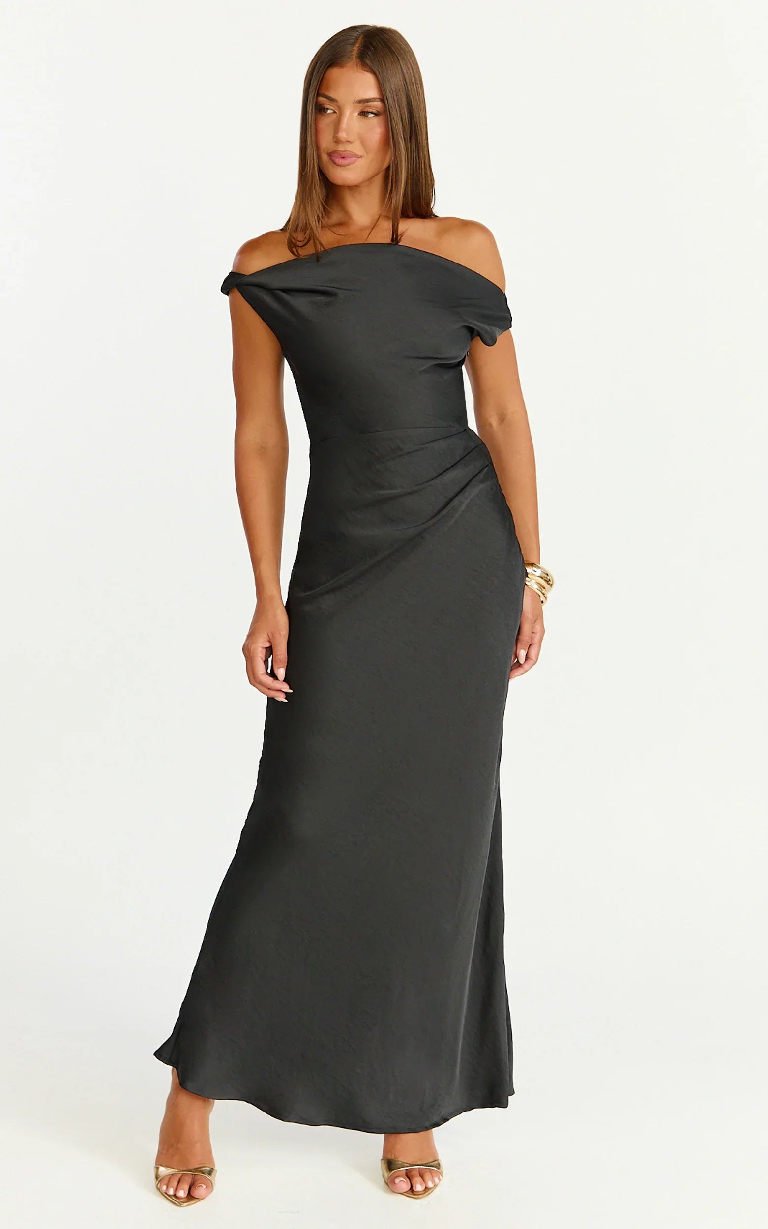 Lira Midi Dress One Shoulder Satin Dress in Black