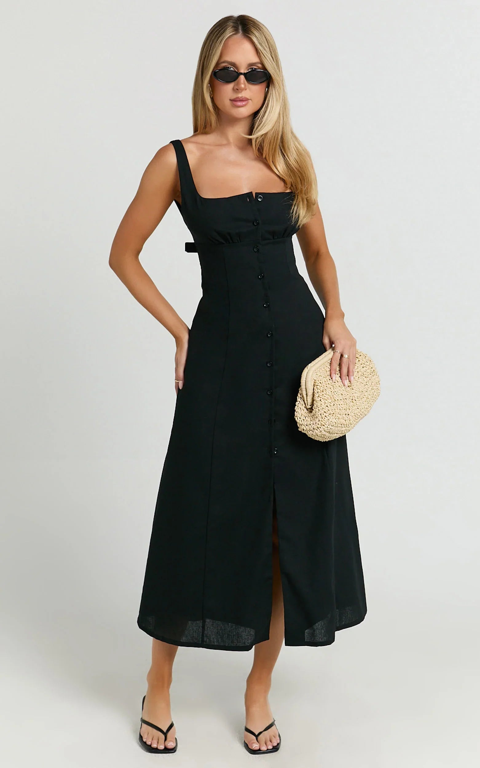 Cameron Midi Dress Button Front Tie Back Dress in Black