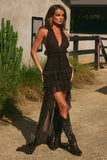 ANNELISE V NECK RUFFLE MAXI DRESS BITTER CHOCOLATE