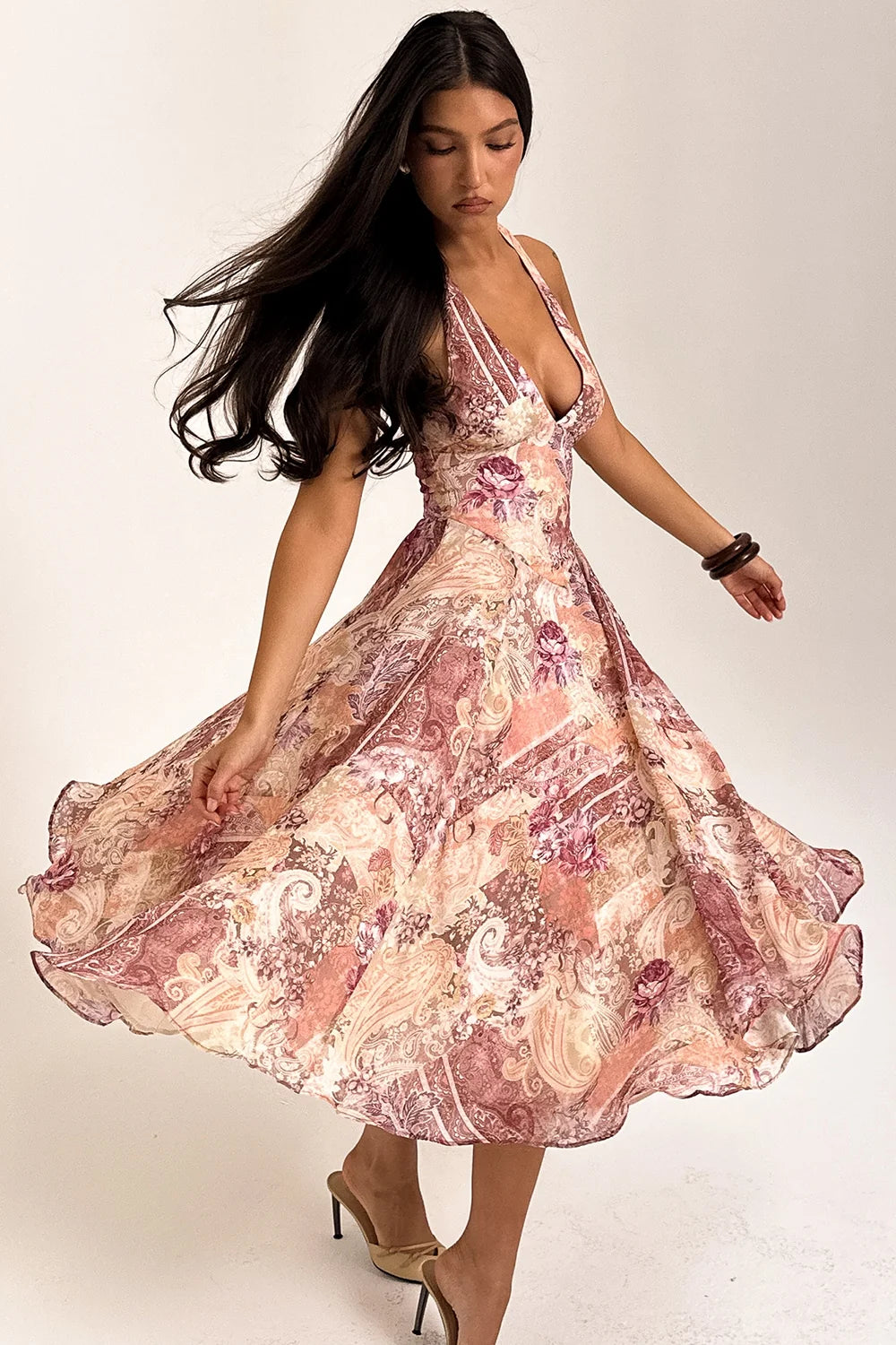 paisley patchwork print georgette halter sundress