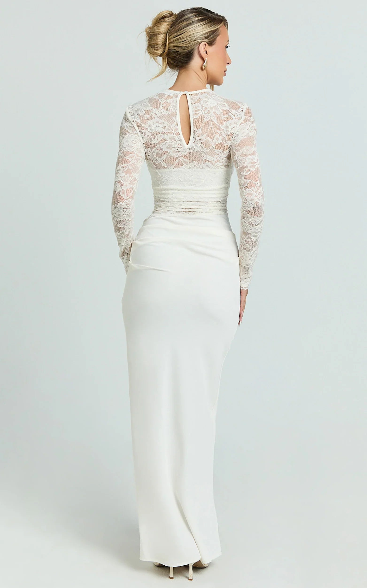 Crisanta Maxi Dress Long Sleeve Contrast Lace Bodycon Dress in Ivory