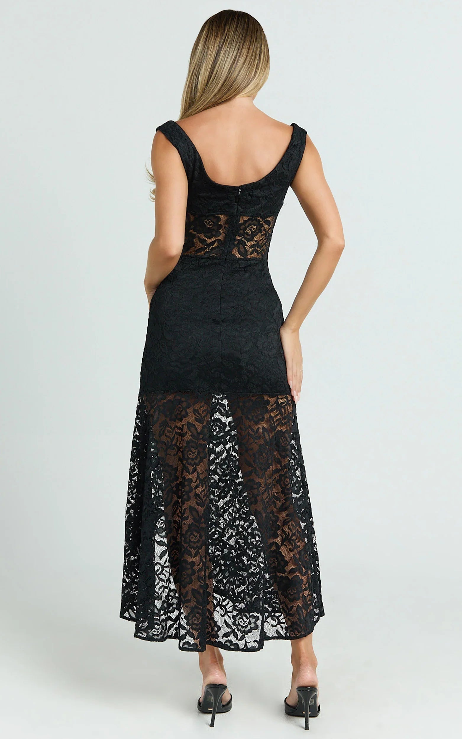 Tatum Midi Dress Lace Off Shoulder Side Split Dress in Black