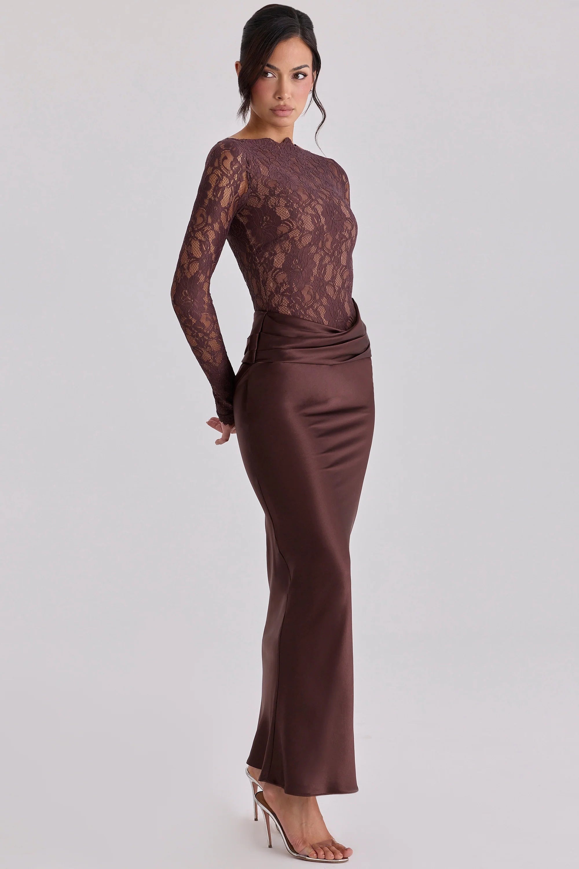 espresso brown lace satin draped maxi dress