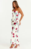 Dahlia Midi Dress Strapless Draped Cowl Waist Fitted Dress in Scarlet Rose Print