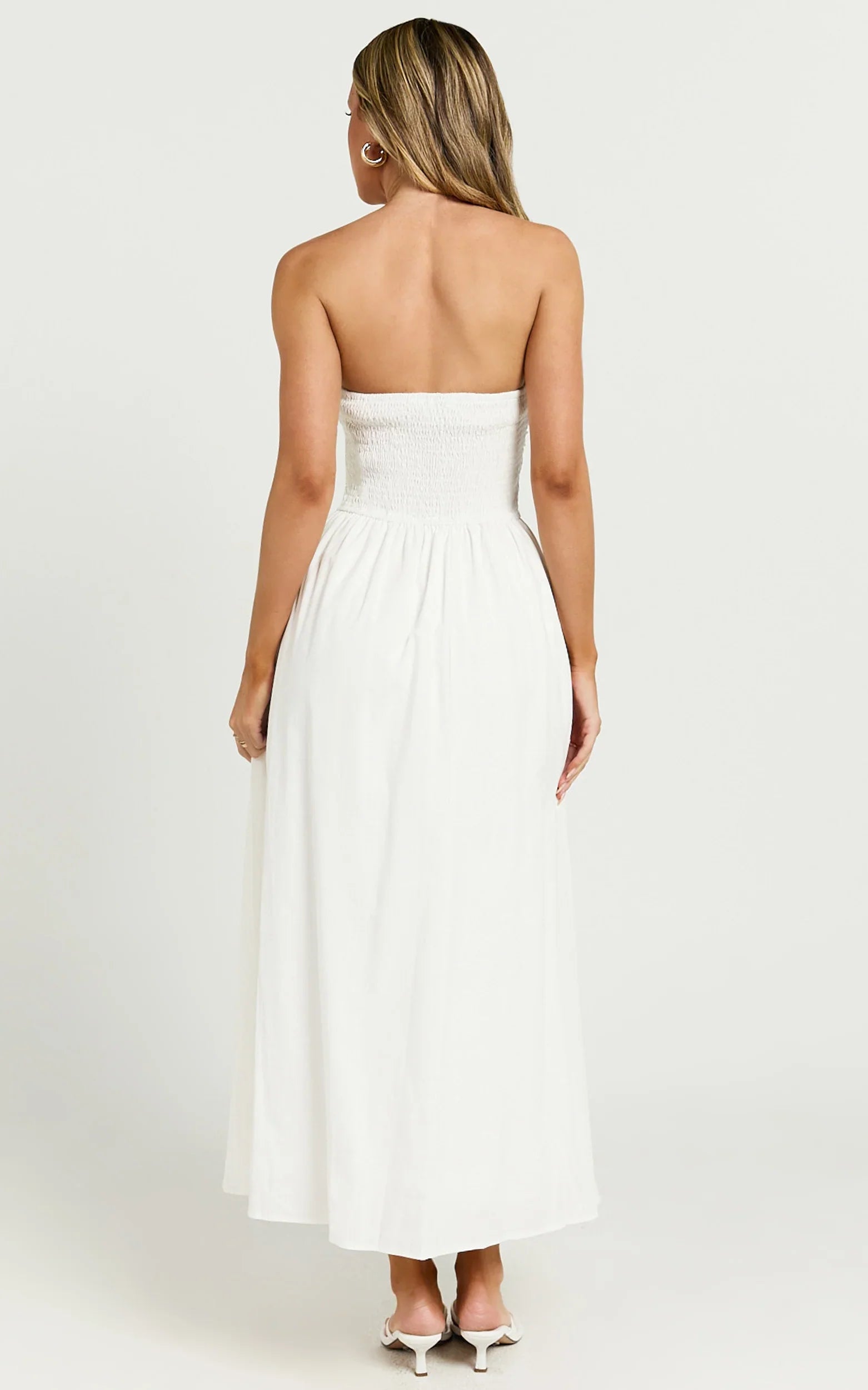 Polly Midi Dress Strapless Ruched Dress in White
