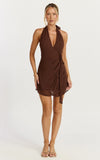 Eva Mini Dress Plunge Halter Wrap Dress in Chocolate
