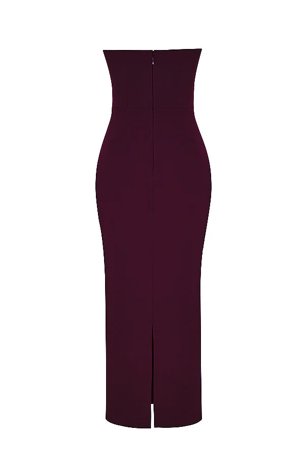 grape strapless corset maxi dress