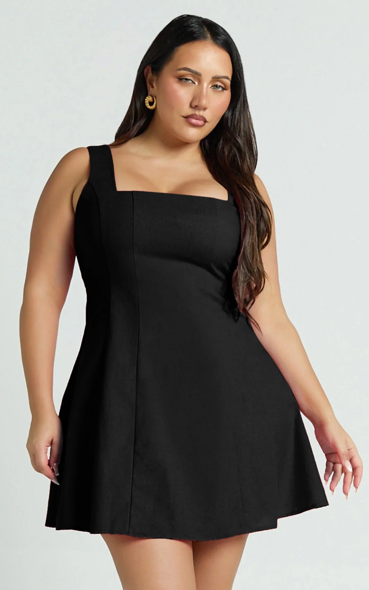 Adiana Mini Dress Linen Square Neck Shirred Back A Line Dress in Black