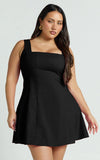 Adiana Mini Dress Linen Square Neck Shirred Back A Line Dress in Black