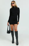 Carla Mini Dress Rolled High Neck Bodycon Dress in Black