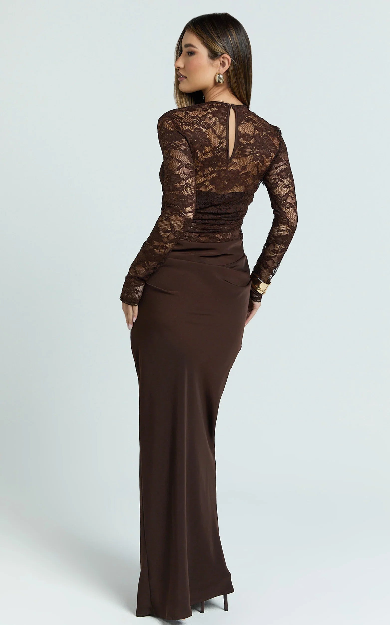 Crisanta Maxi Dress Long Sleeve Contrast Lace Bodycon Dress in Chocolate