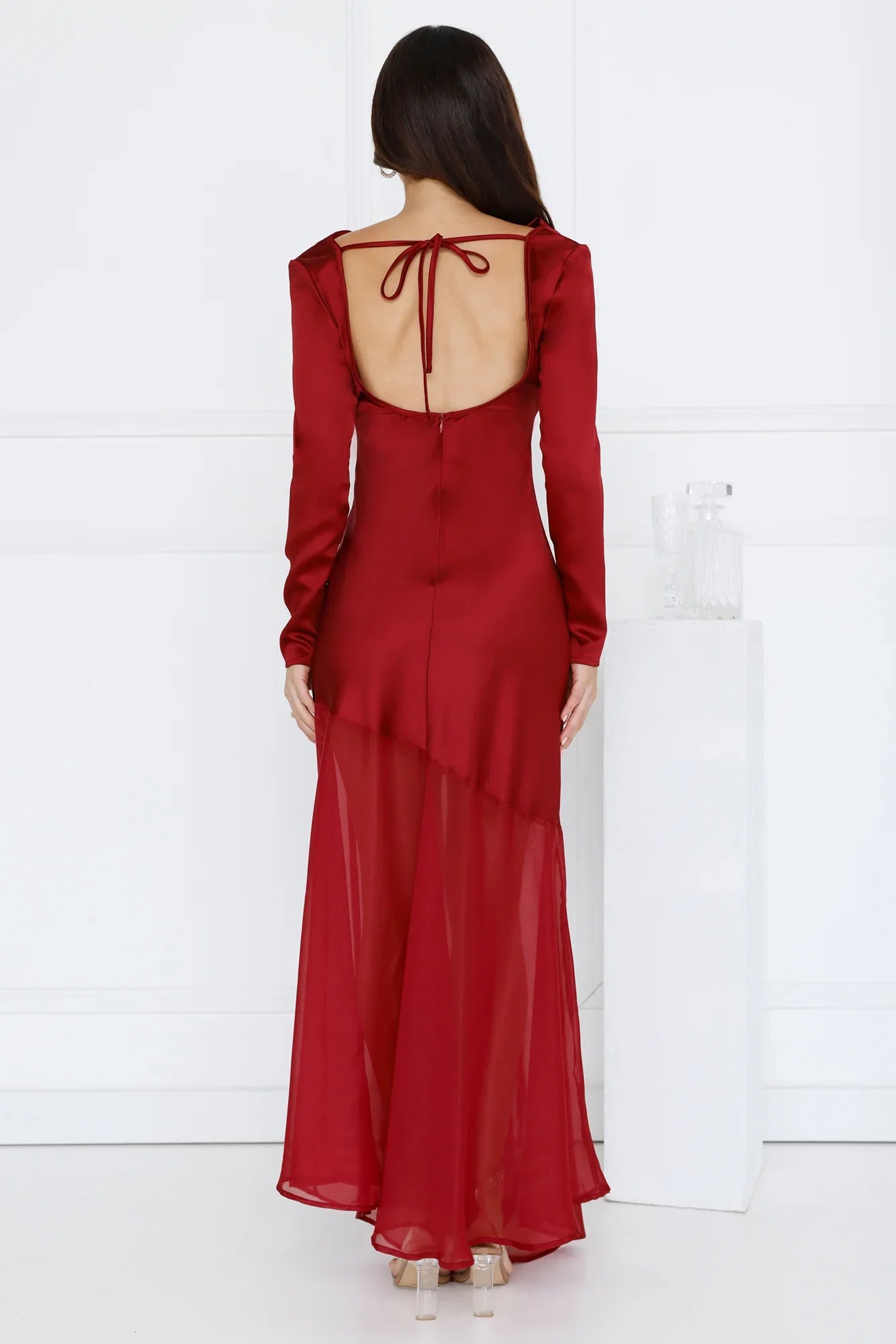 Exquisite Luxury Satin Long Sleeve Maxi Dress Burgundy
