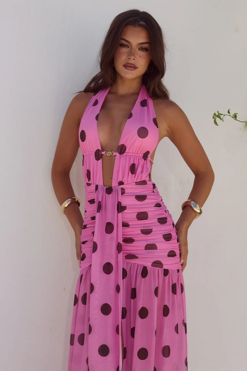 ADRIANNA PLUNGE RUCHED MAXI DRESS MUSK CHOC POLKA