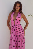 ADRIANNA PLUNGE RUCHED MAXI DRESS MUSK CHOC POLKA