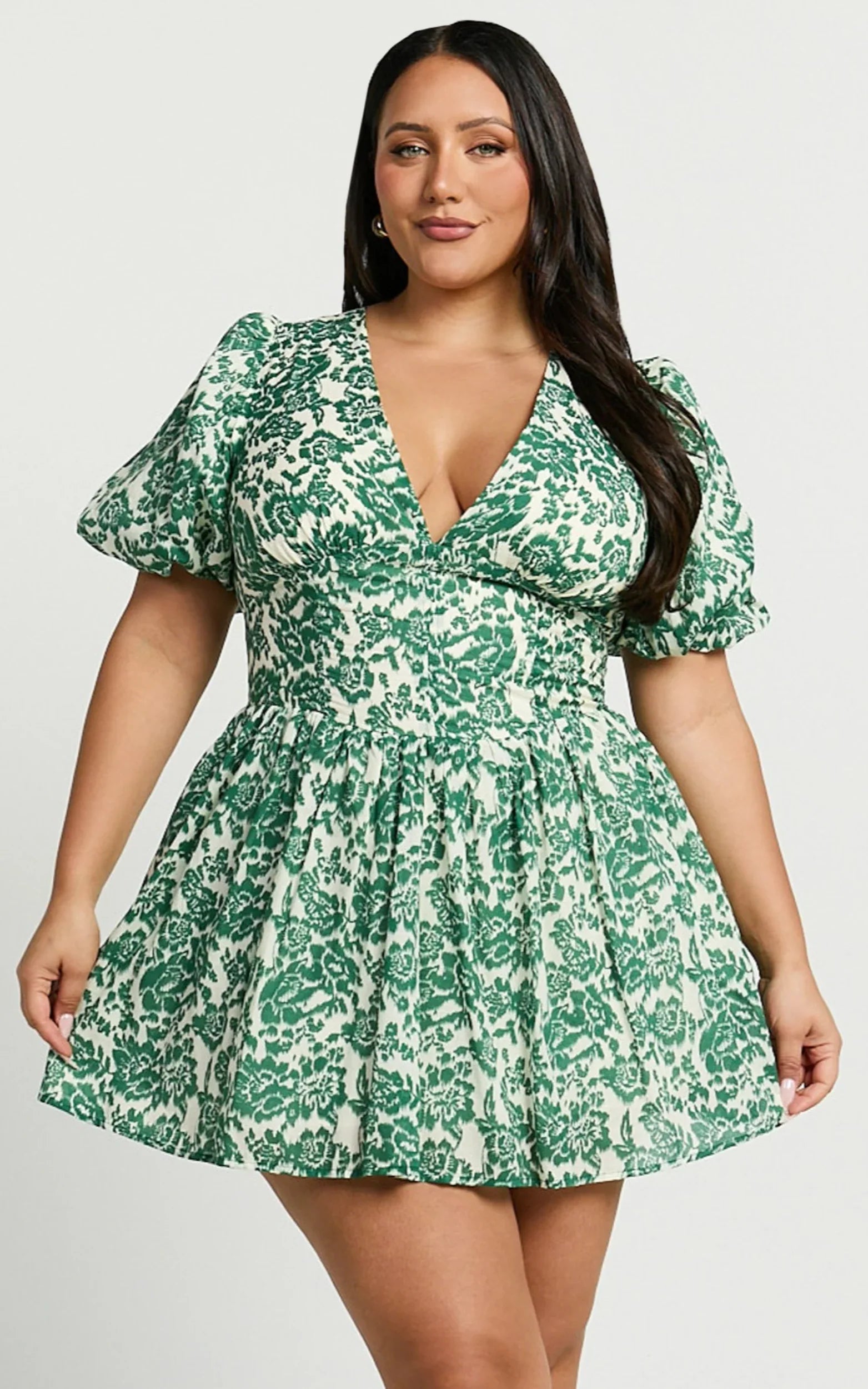 Nelli Mini Dress Short Puff Sleeve Shirred Back Dress in Green Silhouette