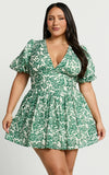 Nelli Mini Dress Short Puff Sleeve Shirred Back Dress in Green Silhouette