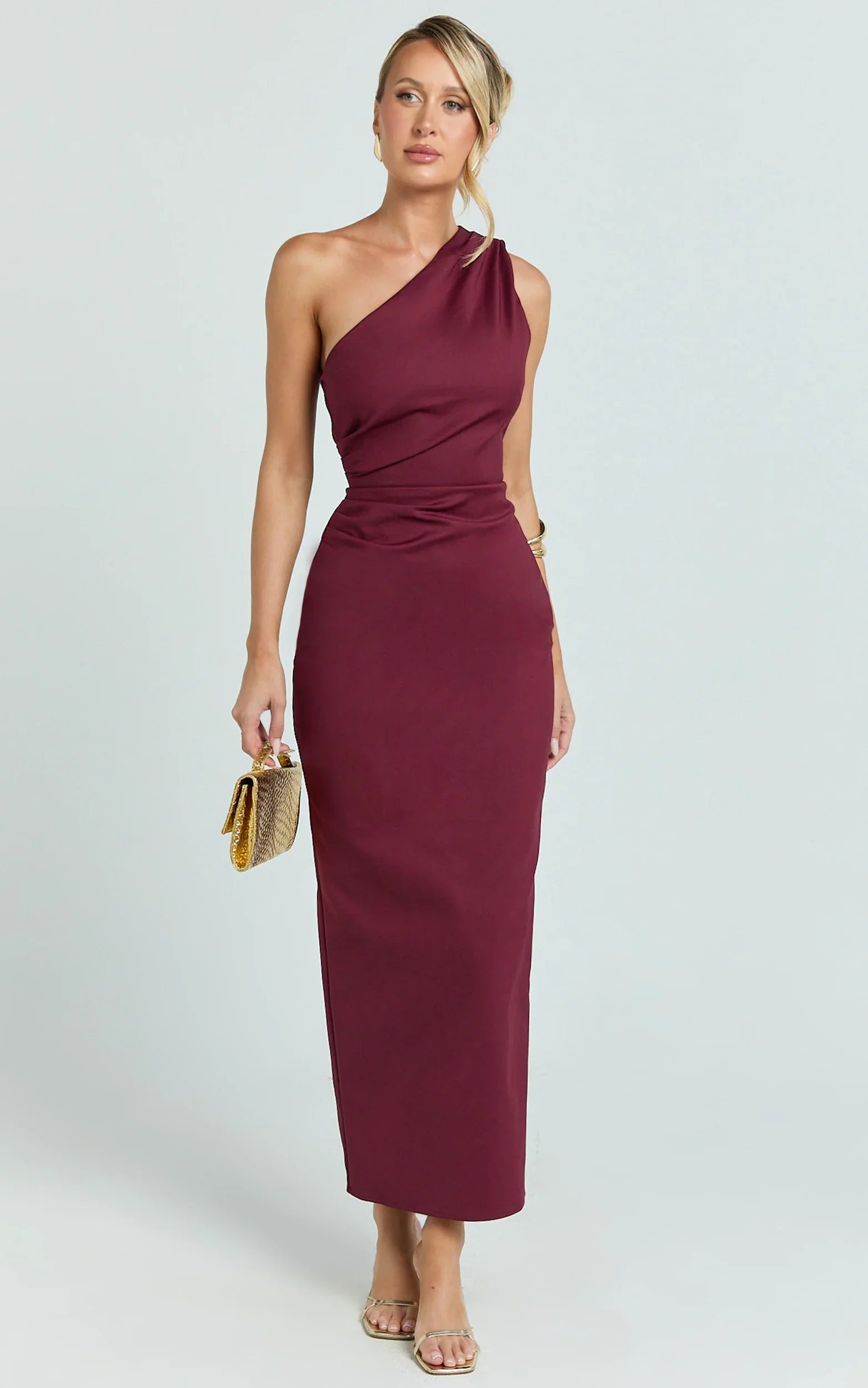 Karlie Midi Dress One Shoulder Fitted Dress in Wine