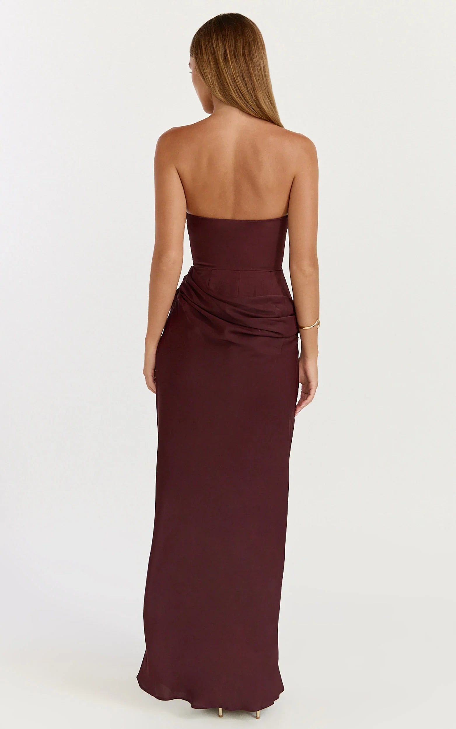 Phoebe Maxi Dress Strapless Structured Bodice Drape Skirt Dress in Plum