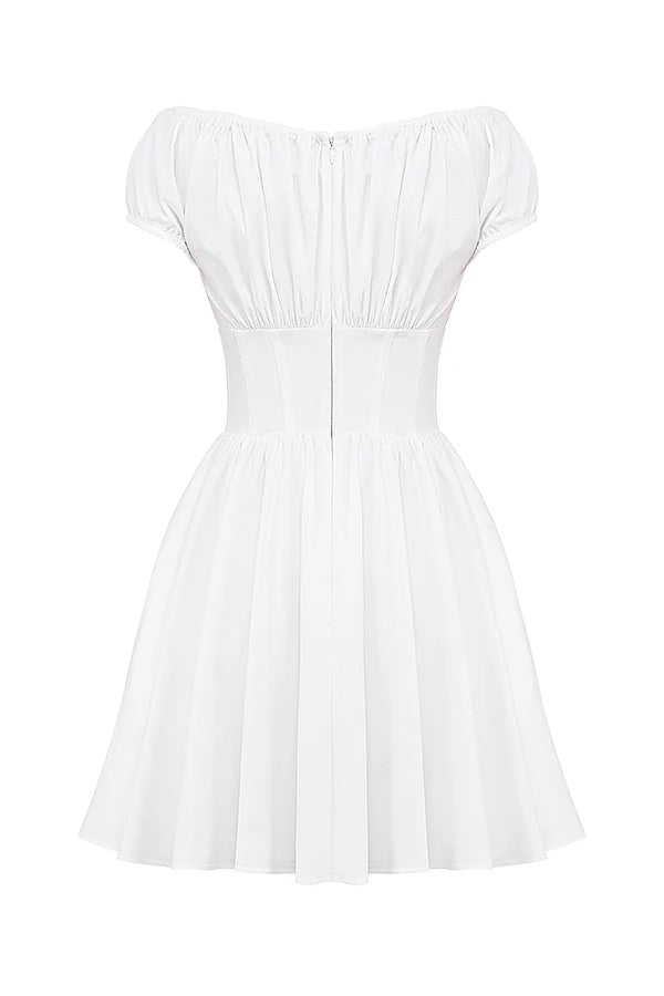 white cotton gathered mini dress
