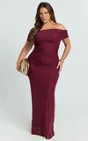 Caterina Maxi Ruched Off Shoulder Mesh Dress in Wine