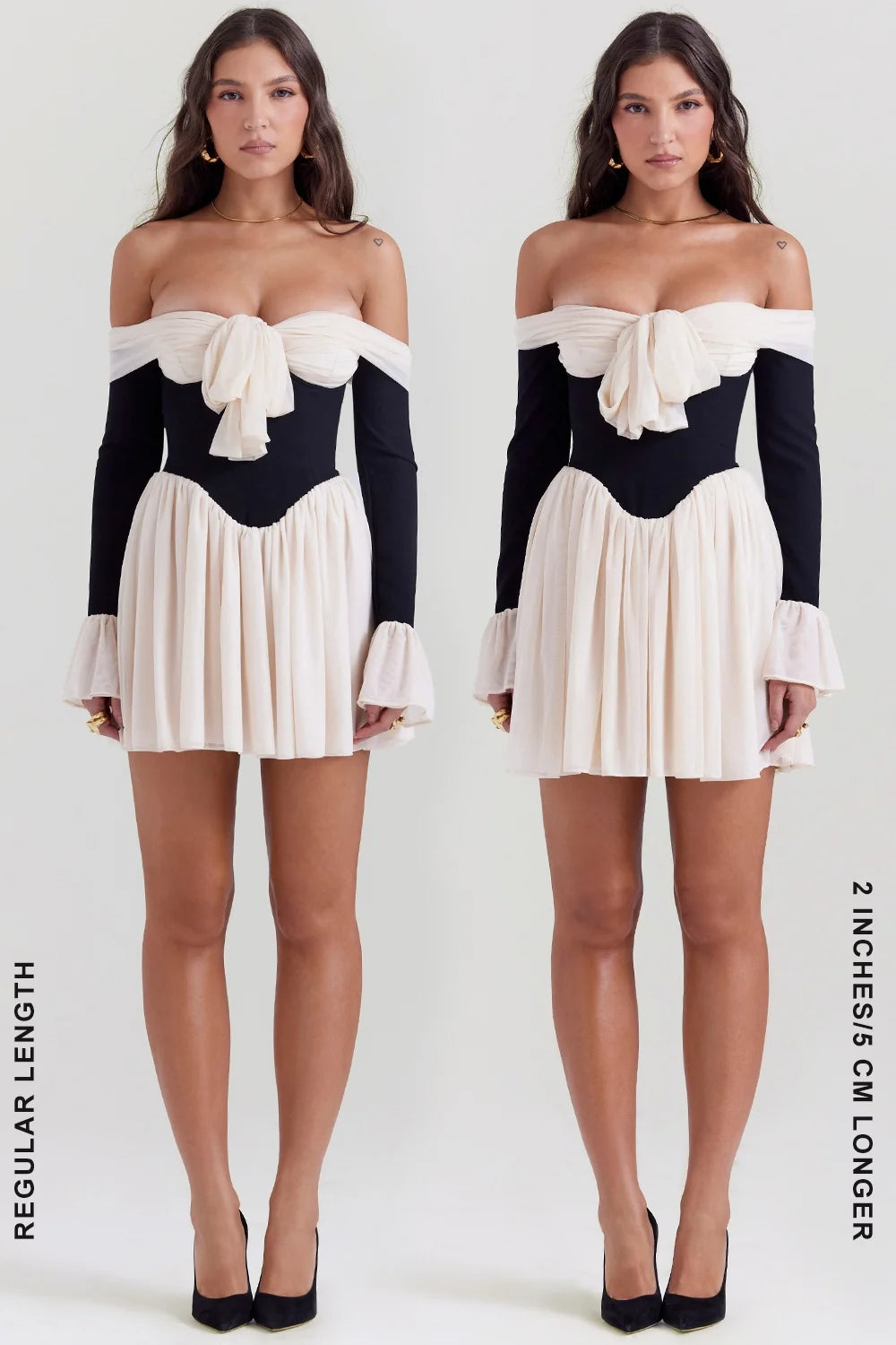 black cream off shoulder dress