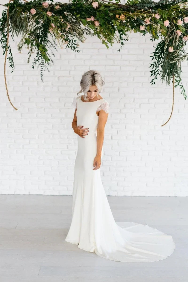 Bateau Neck Lace Cap Sleeve Sheath Satin Chiffon Dress With Cowl Back