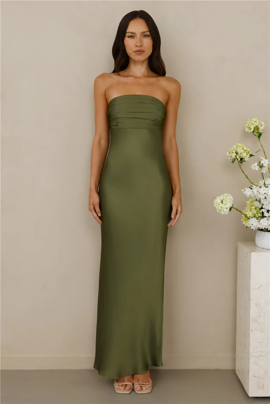 The Seraphina Strapless Satin Maxi Dress Olive