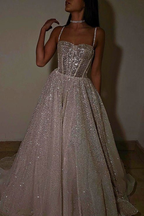 Spaghetti Straps Sparkly Bohemian Wedding Dress