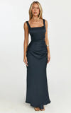Rumi Midi Dress Rushed Bodiest Satin Dress in Navy