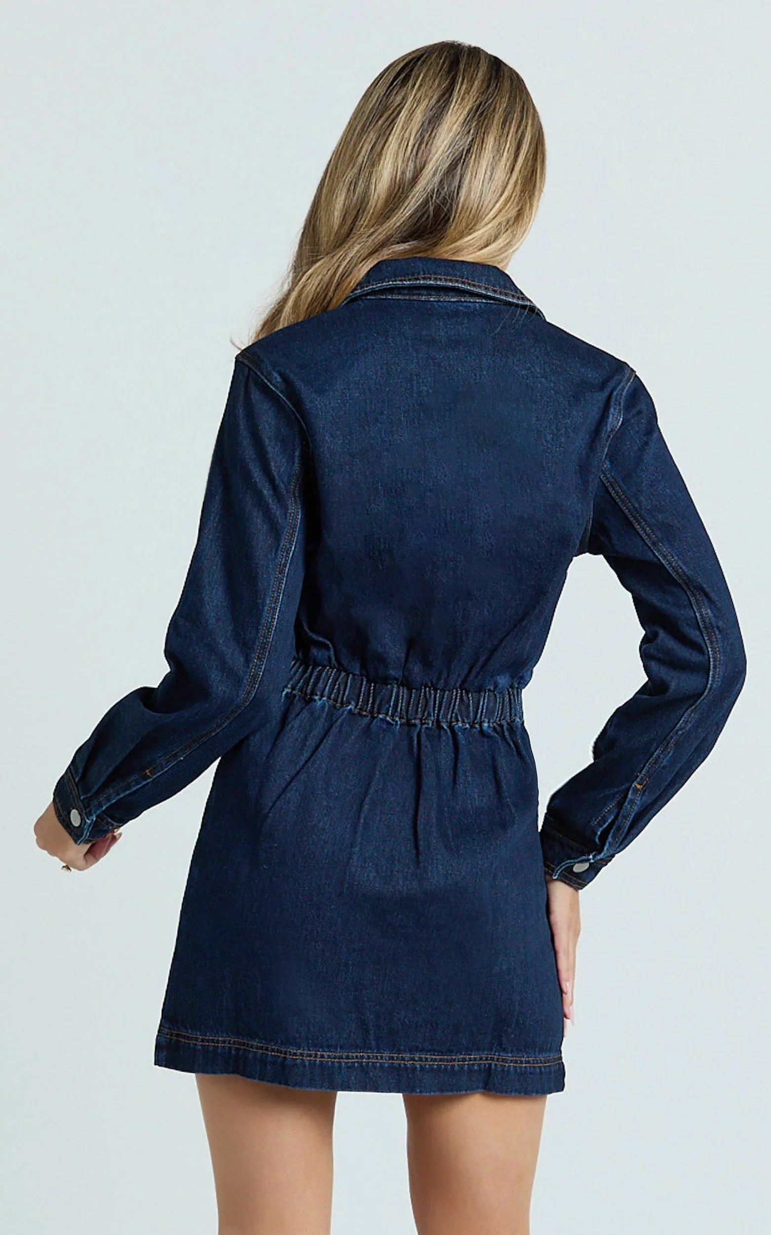 Ainsley Mini Dress Button Through Long Sleeve Denim Dress in Dark Blue