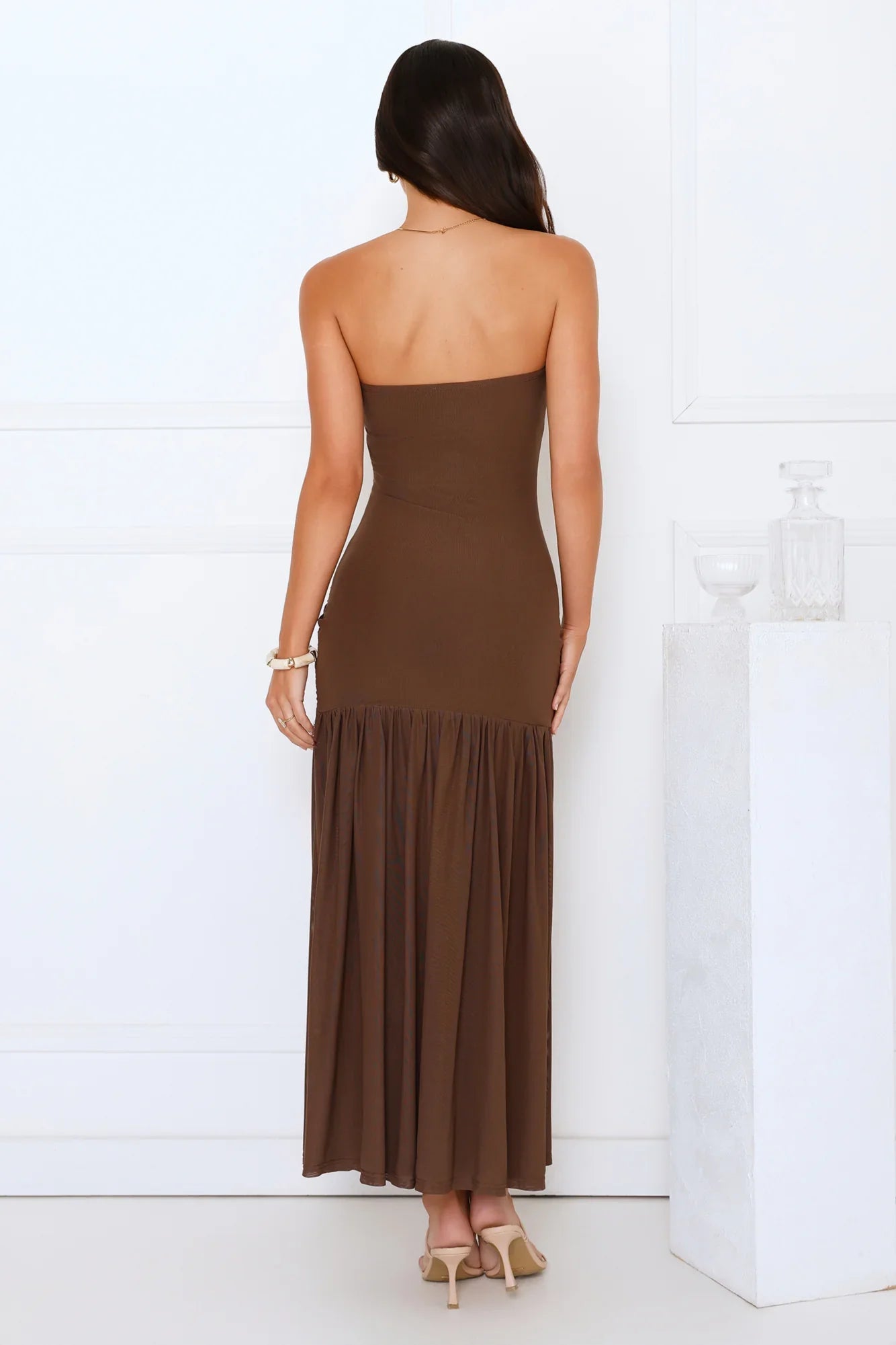 Win Instantly Strapless Mesh Maxi Dress Brown