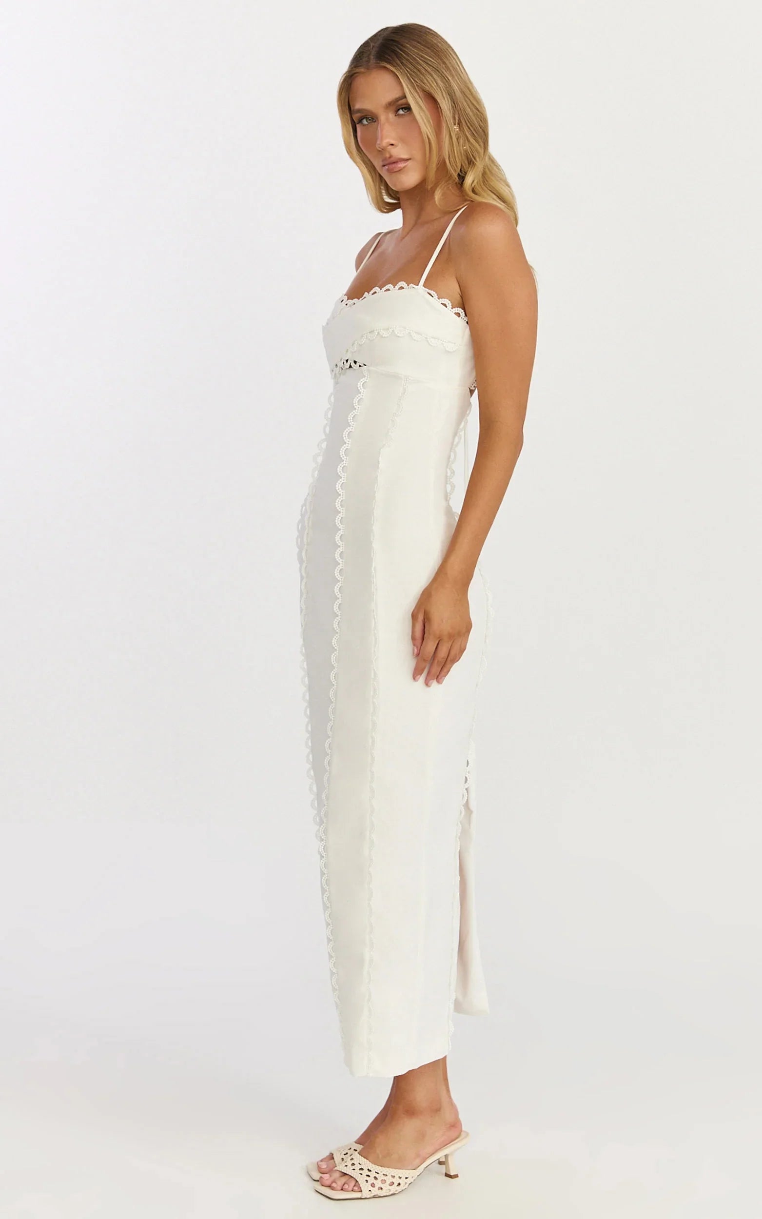 Nikki Midi Dress Scallop Edge Front Split Column Dress in Off White