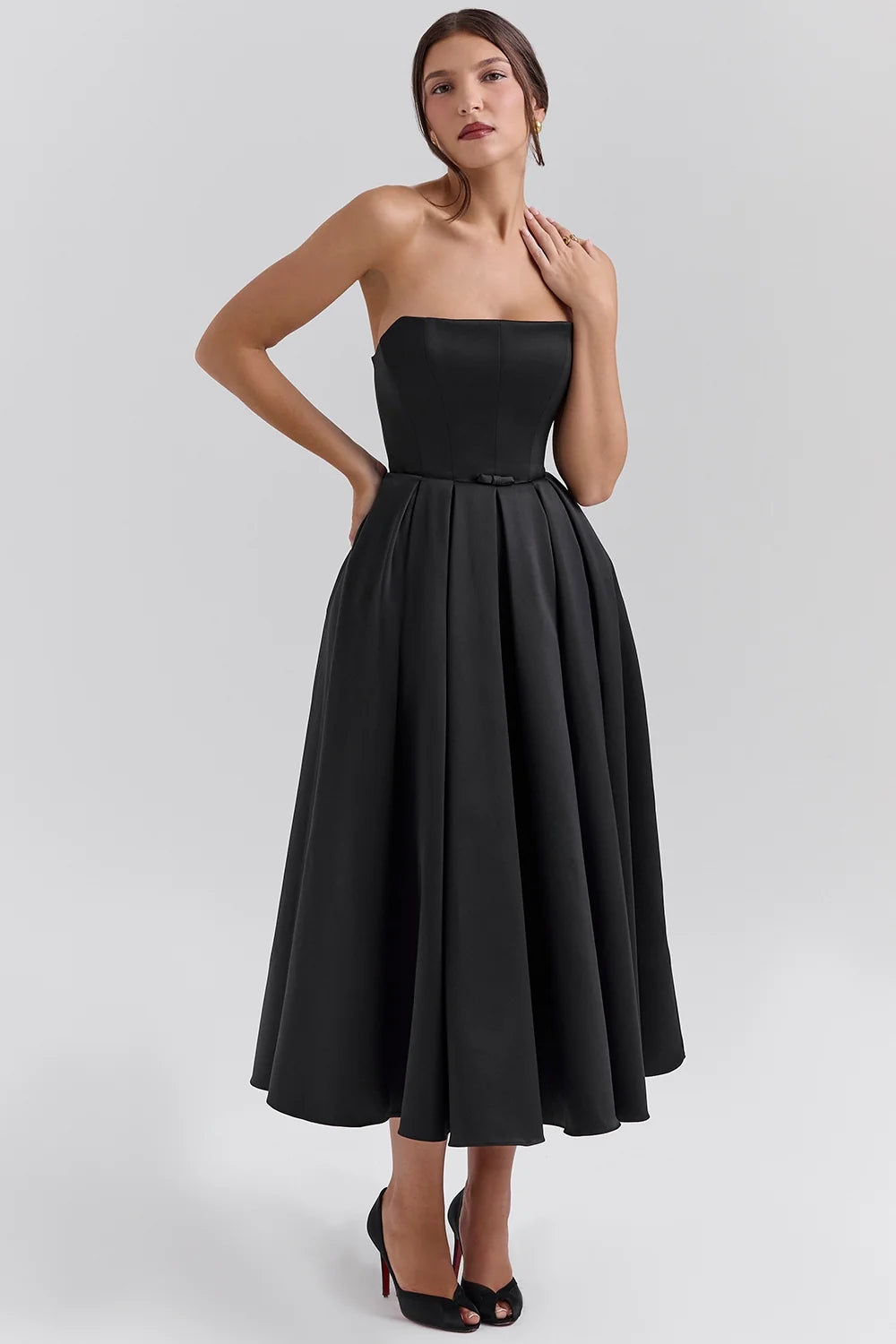 black strapless satin corset midi dress sale