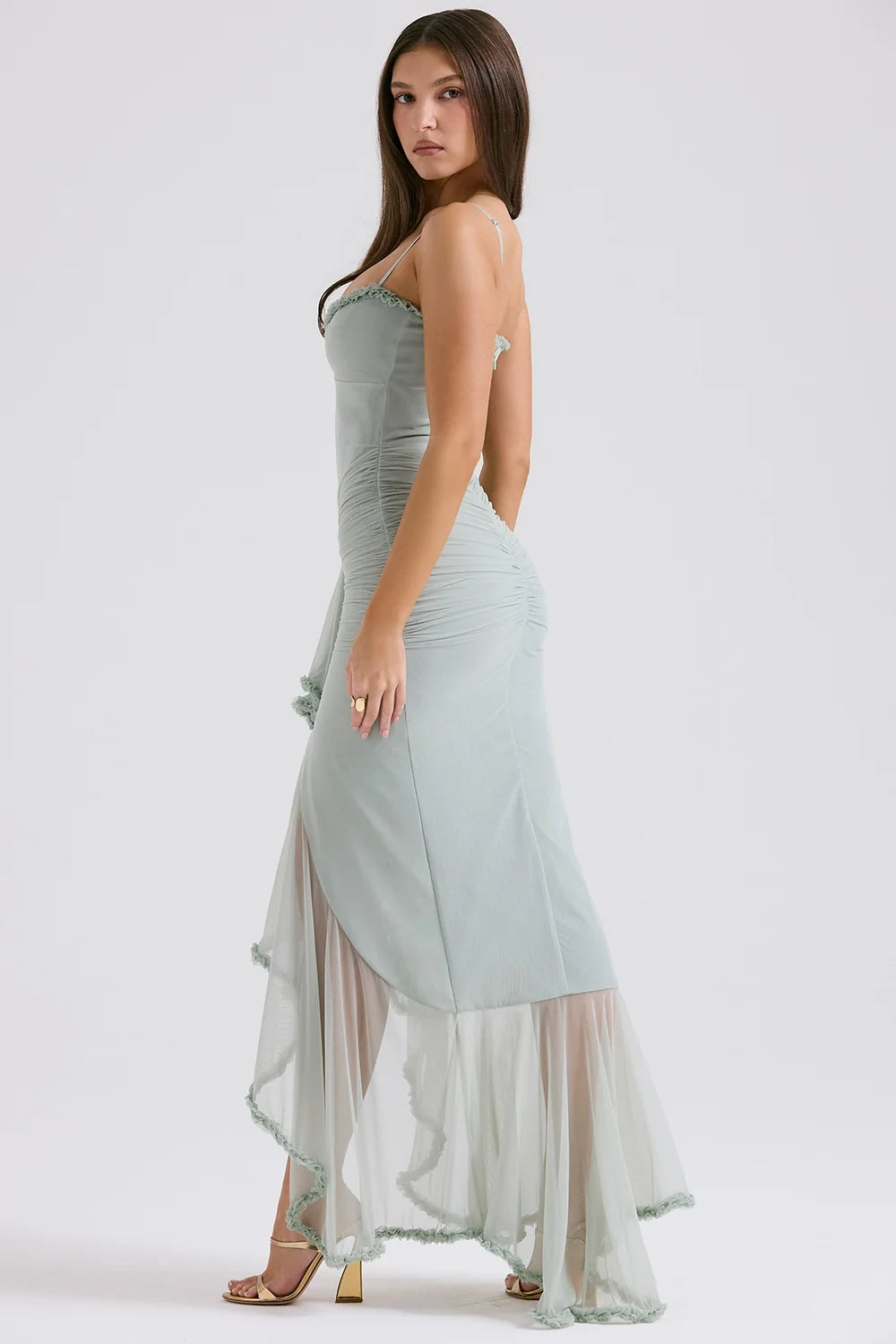 pistachio ruffled front gown