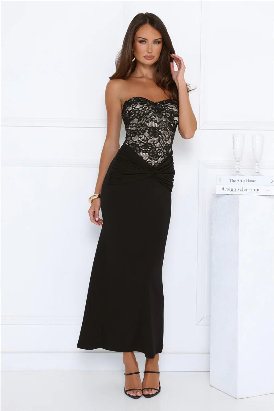 Signature Sleek Lace Strapless Maxi Dress Black