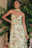 MEADOWS GOWN STRAPLESS A LINE SAGE FLORAL CHIFFON GOWN WITH SCARF