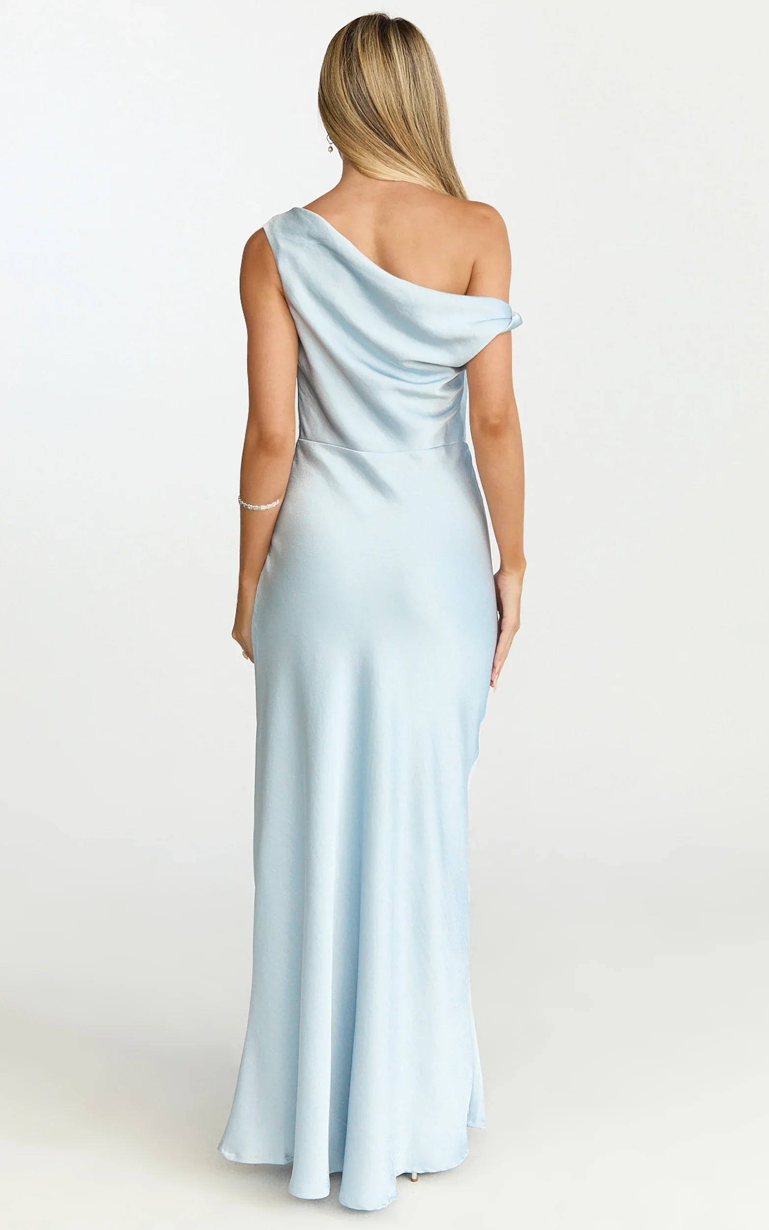 Lira Midi Dress One Shoulder Satin Dress in Pale Blue