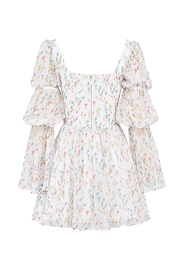 white posy print puff sleeve mini dress