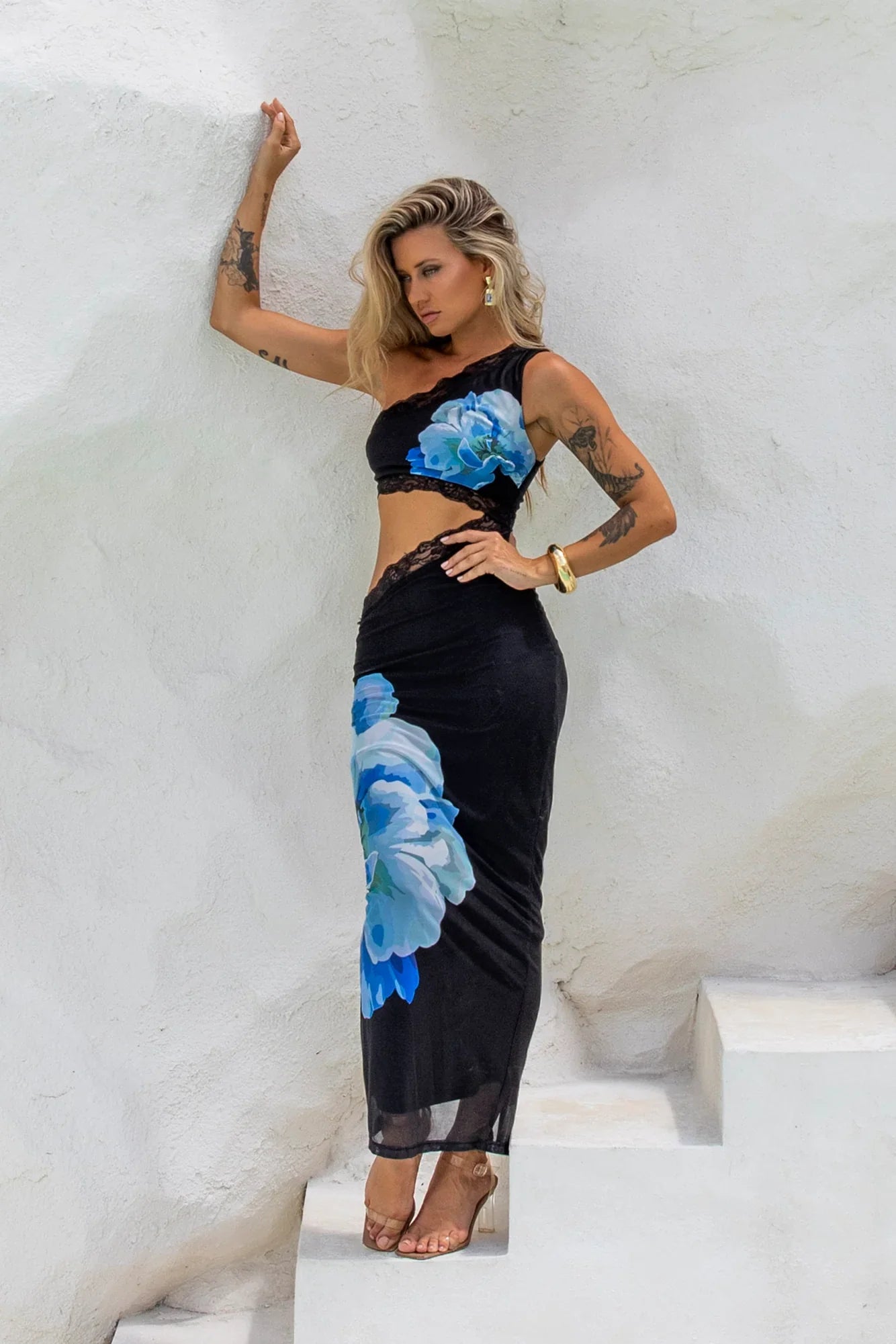 Bubbly Personality One Shoulder Mesh Maxi Dress Black Blue